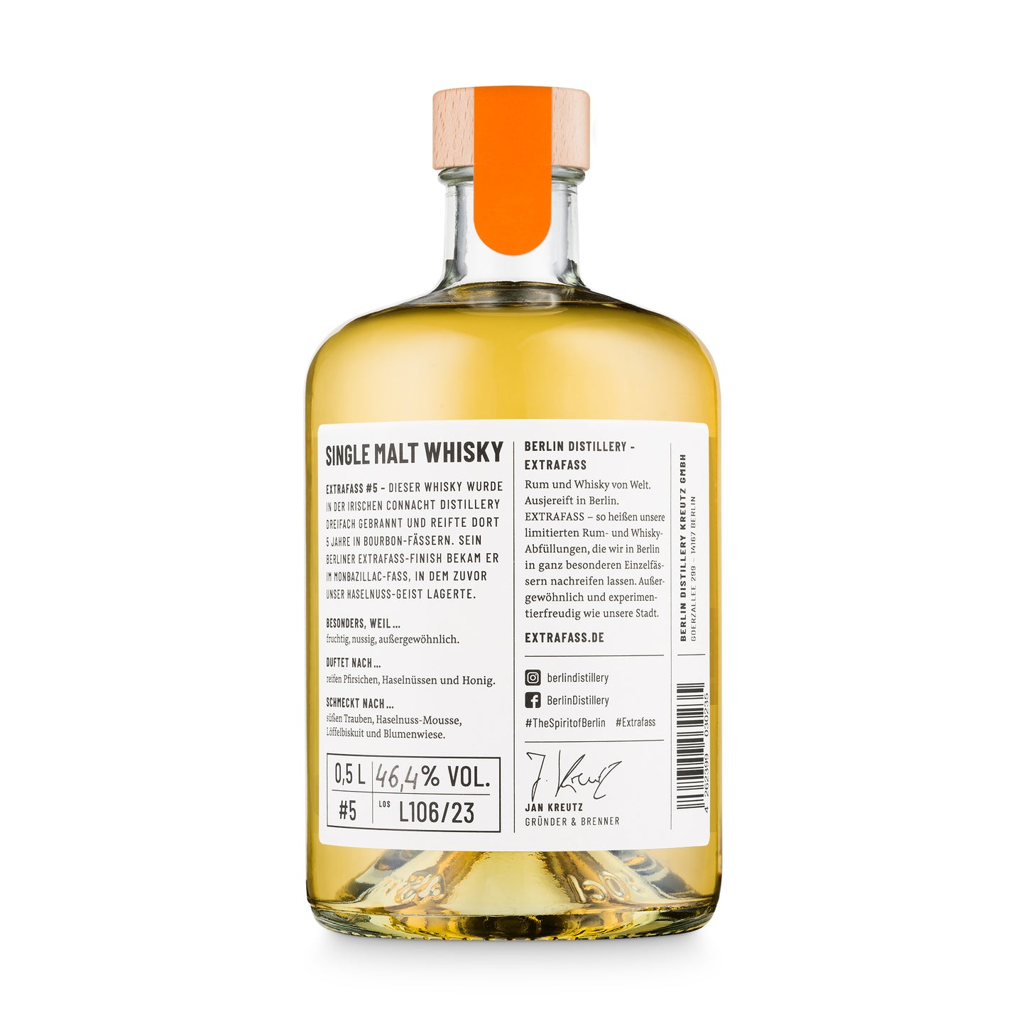 Rückansicht der Flasche EXTRAFASS #5 Single Malt Whisky der Berlin Distillery.