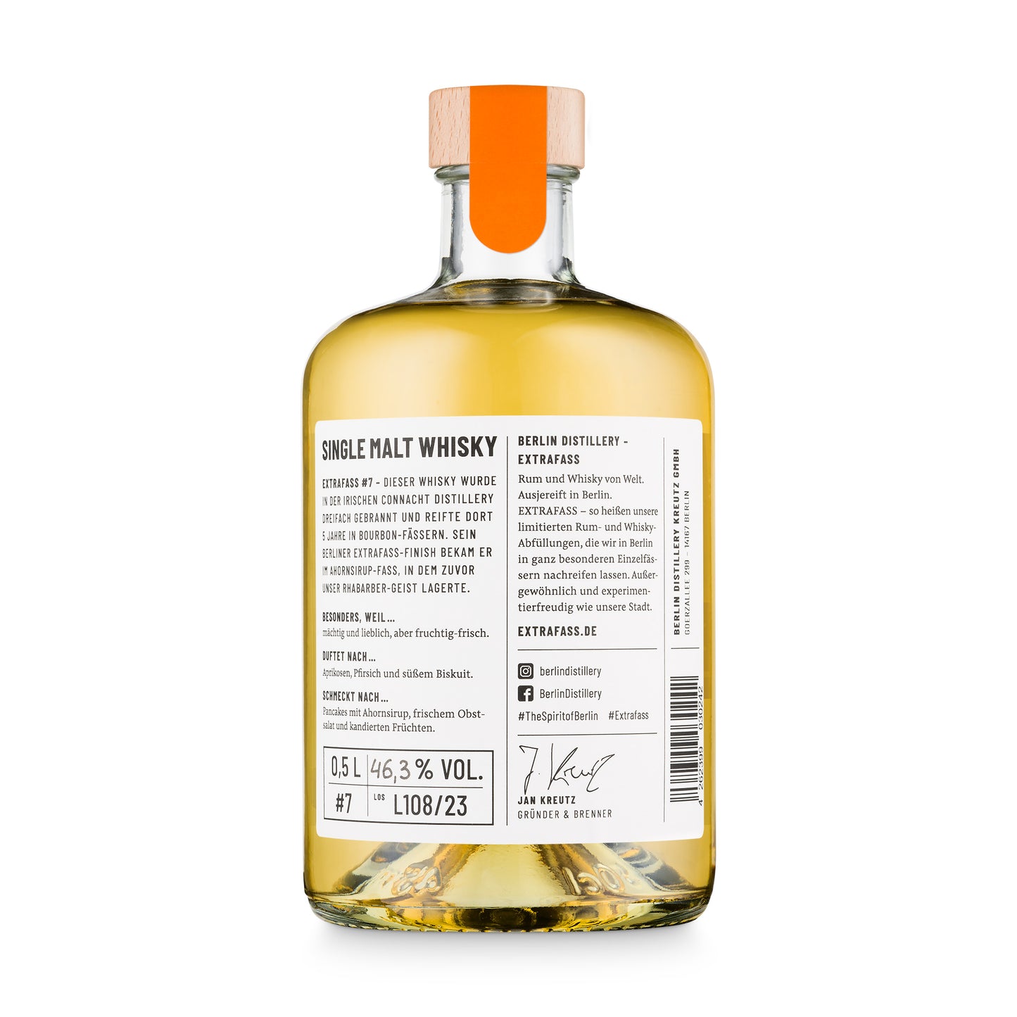 Rückansicht der Flasche EXTRAFASS #7 Single Malt Whisky der Berlin Distillery.