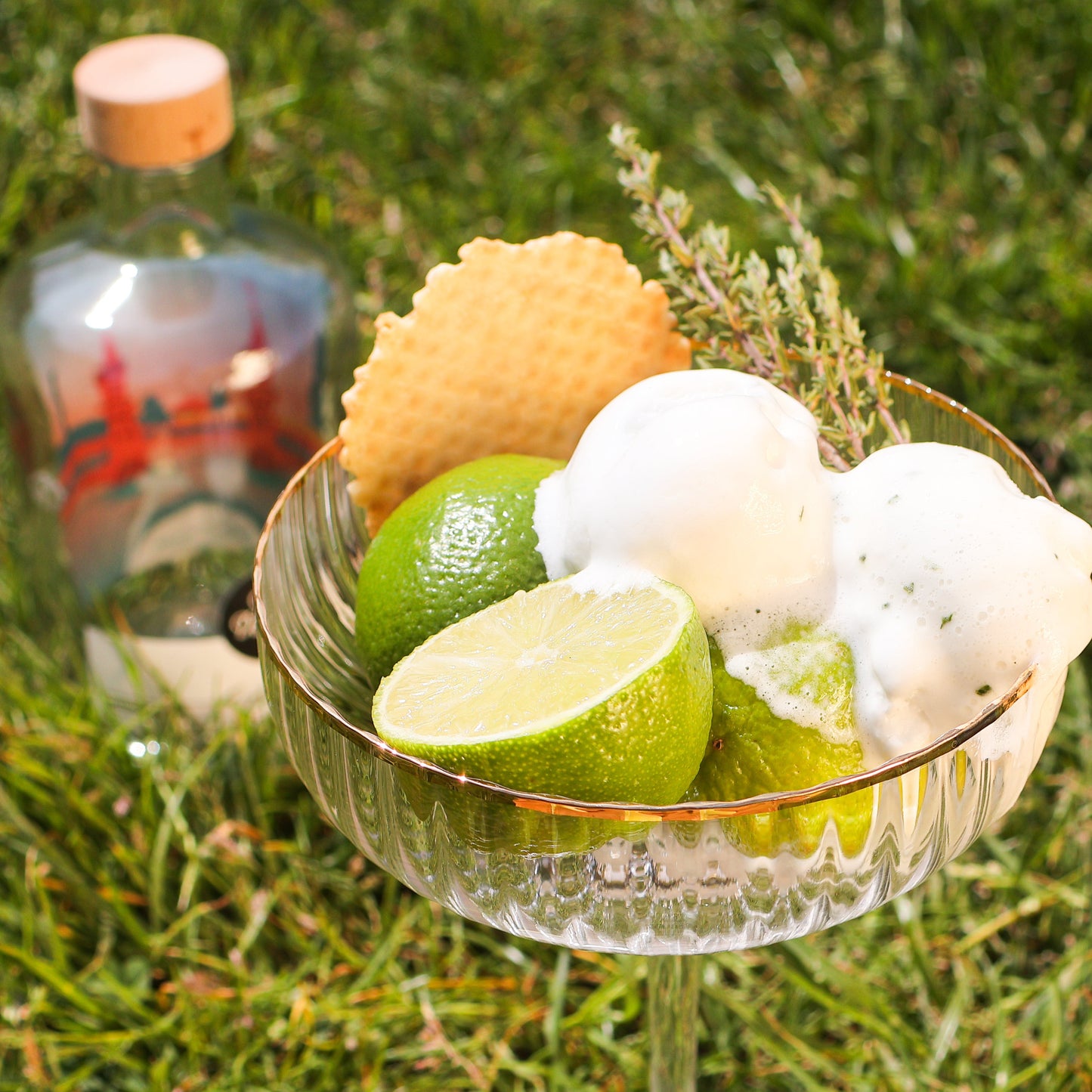 Ein Eis-Becher mit frischen Limetten und Thymian neben einer Flasche Gin der Berlin Distillery.
